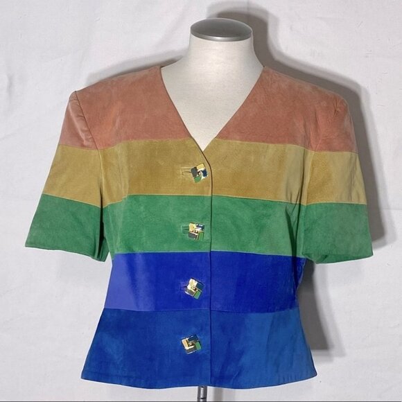 Danier Rainbow Stripe Suede Cropped Button Up Short Sleeve Jacket L - Picture 3 of 13